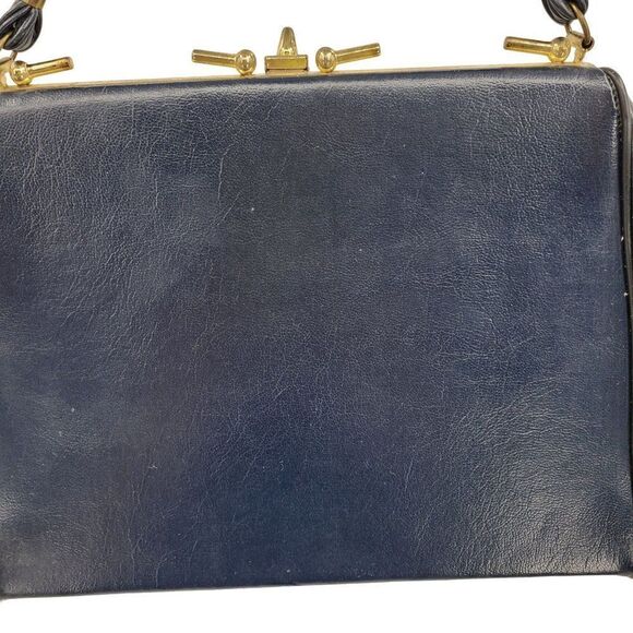 Vintage 60's Handbag Top Handle Vegan Framed Clasp Closure Midnight Blue Gold - Picture 13 of 13